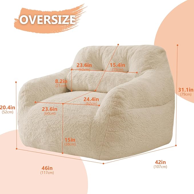 Bean Bag Chair for Adults with Pillow,Oversized Bean Bag Couch for Adults Chairs,Giant Lazy Couch Sofa Chairs with Filler,Large Reading Chair for Living Room Bedroom,Apricot-Ruum Studio Home