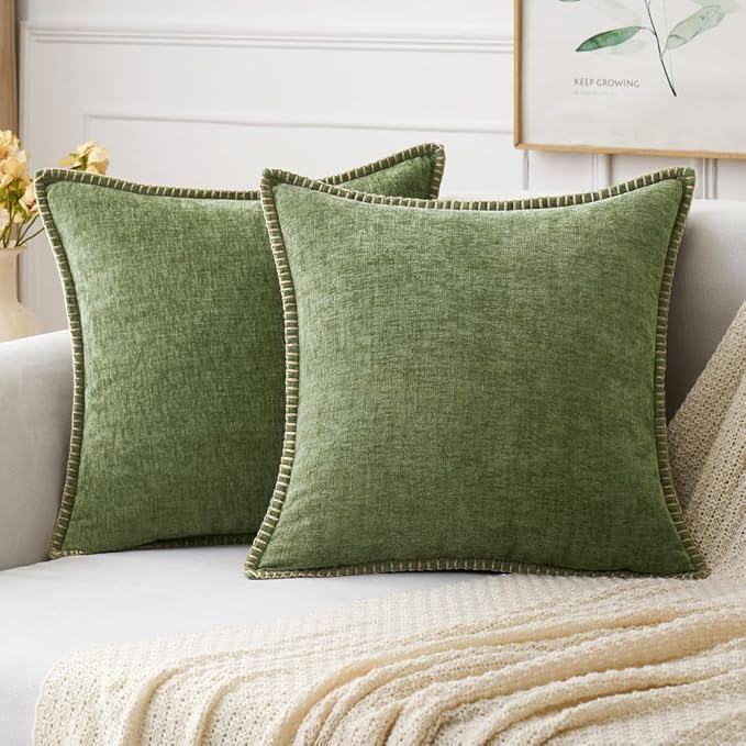 MIULEE Pack of 2 Fall Couch Throw Pillow Covers 18x18 Inch Sage Green Farmhouse Decorative Pillow Covers with Stitched Edge Soft Chenille Solid Dyed Spring Pillow Covers for Sofa Bed Living Room-Ruum Studio Home