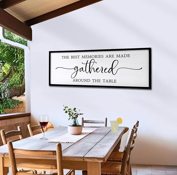 The Best Memories are Made Gathered Around The Table Sign Framed Wall Art, 32''×12'' Rustic Horizontal Plaque with Black Frame for Dinning Living Room, Farmhouse Long Home Family Wood Sign Wall Decor-Ruum Studio Home