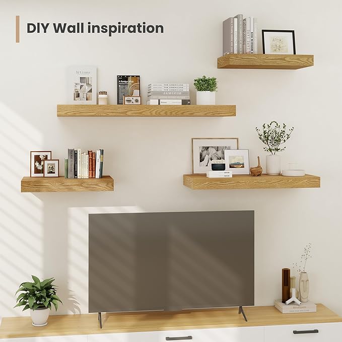 Heimlove 12" Deep Floating Shelves, 36 x 12 Inch Wall Mounted Long Floating Shelf with Invisible Brackets, for Home Decor, Bedroom, Kitchen, Living Room, Bathroom - 2 Pack, Oak-Ruum Studio Home