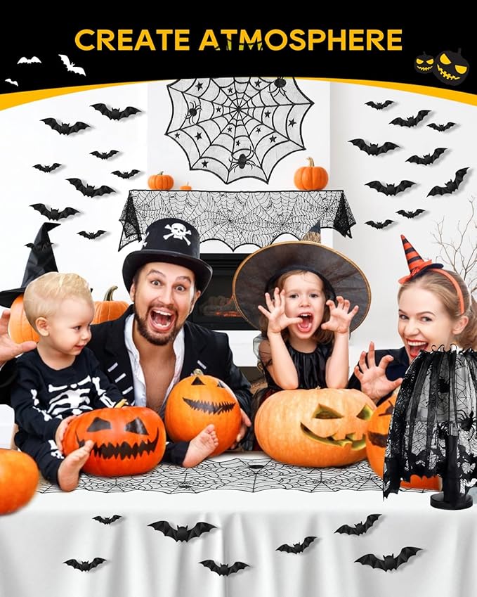 eZAKKA 5 Pack Halloween Decorations Indoor Halloween Spider Web Tablecloth Table Runners Fireplace Mantel Scarf Cobweb Lampshade Scary 3D Bats for Parties Gothic Spooky Home Decoration-Ruum Studio Home