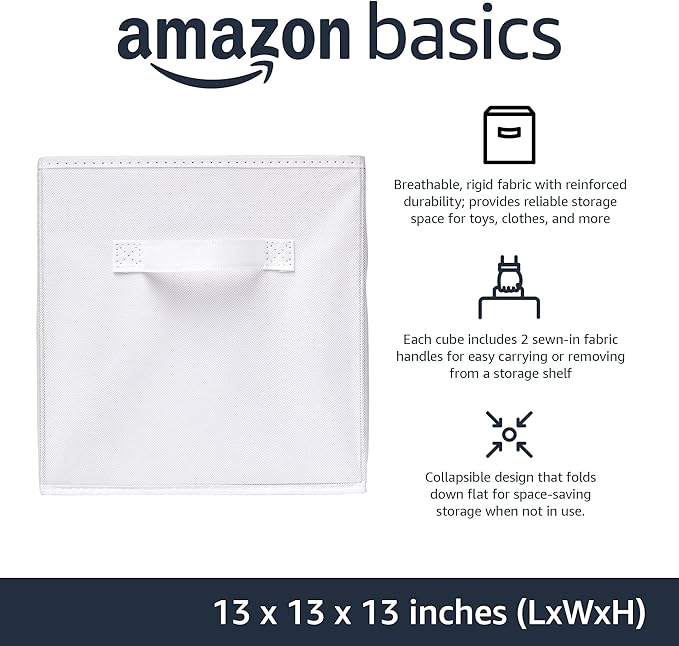 Amazon Basics Cube Organizer Storage Bins Handles, Collapsible Fabric, Pack of 6, 13"x13"x13", White-Ruum Studio Home
