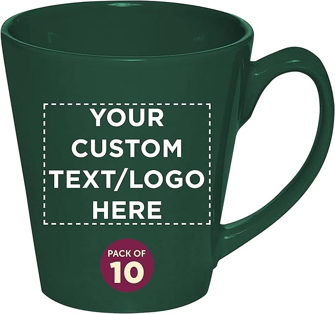 DISCOUNT PROMOS Custom Glossy Ceramic Latte Coffee Mug 12 oz. Set of 10, Personalized Bulk Pack - Perfect for Tea, Espresso, Cappuccino, Hot Cocoa - Green-Ruum Studio Home