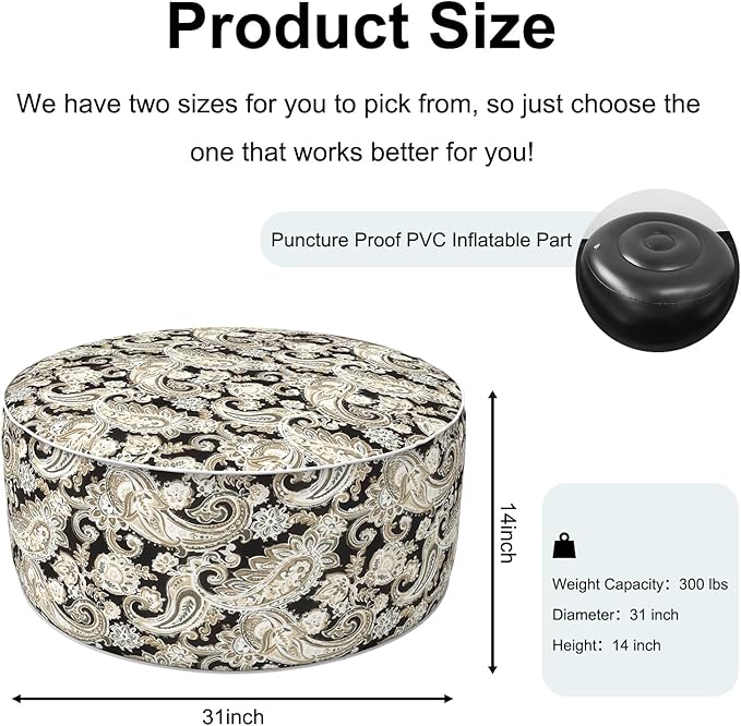 Inflatable Ottoman Stool D31 xH14 for Outdoor/Indoor Use, Water Repellent Patio Foot Rest Stool with Portable Handle,Round Pouf Ottoman Suitable for Garden,Deck and Camping - Paisley Black-Ruum Studio Home
