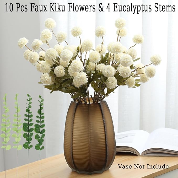 Faux White Kiku Flower, 10 Stems with 5 Heads Each & 4 Branches Eucalyptus Stems, Artificial Small Mini Chrysanthemum Flowers for Aesthetic Room Decor, Floral Arrangements Centerpiece-Ruum Studio Home