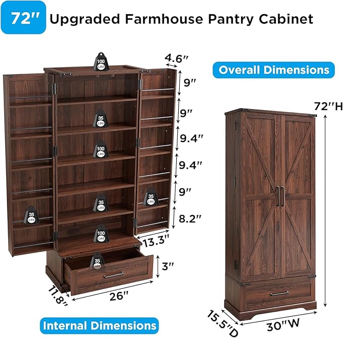 72‘’ Farmhouse Kitchen Pantry Cabinet with Drawer, Tall Storage Cabinet with 2 Barn Doors and Shelves, Versatile Large Rustic for Dining Room, Bathroom, Living Room, Laudry, Brown-Ruum Studio Home
