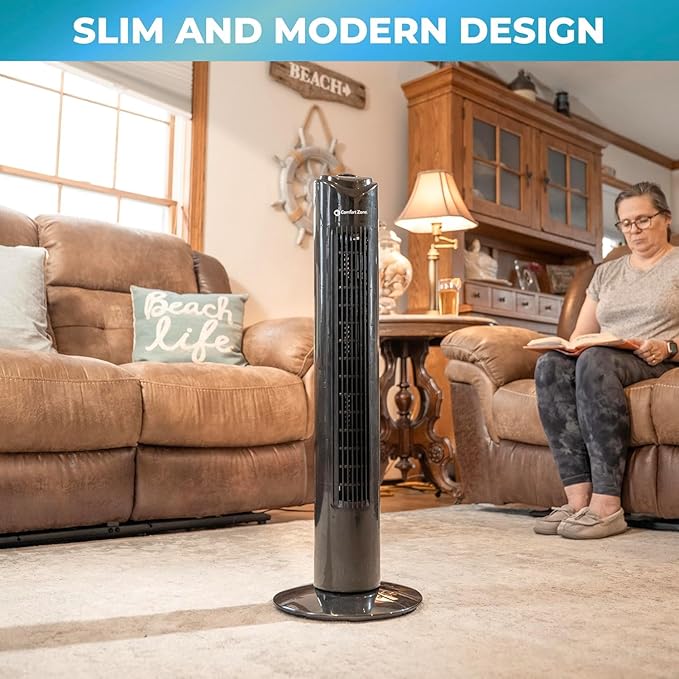 Comfort Zone 32-Inch Bladeless Tower Fan with 3 Speeds, 90° Oscillation, Portable Indoor Stand Fan with Built-In Carry Handle – Quiet Cooling for Bedroom, Black-Ruum Studio Home