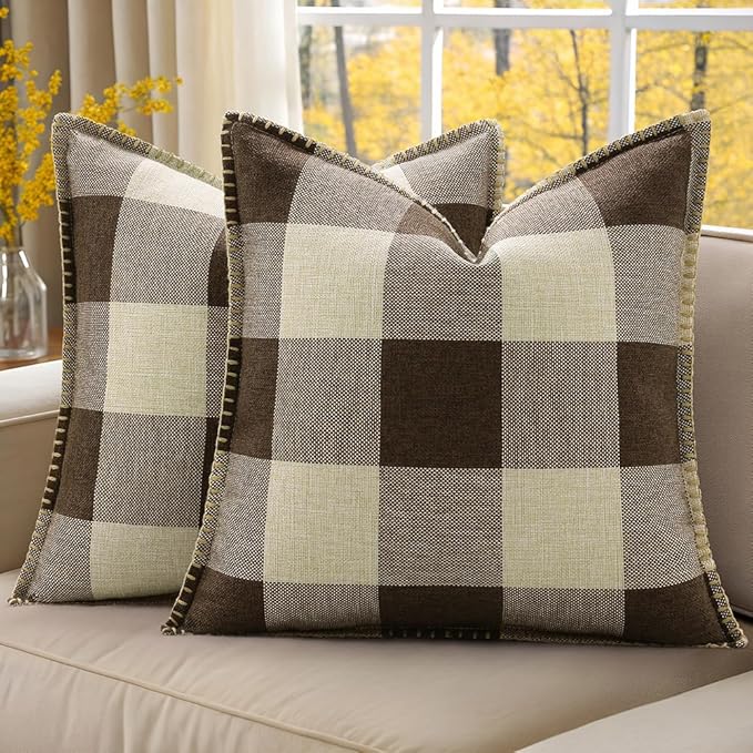 decorUhome Buffalo Plaid Check Throw Pillow Covers 22x22 Set of 2, Outdoor Decorative Farmhouse Neutral Pillow Covers with Stitched Edge for Bed Couch Sofa, Brown and Beige-Ruum Studio Home