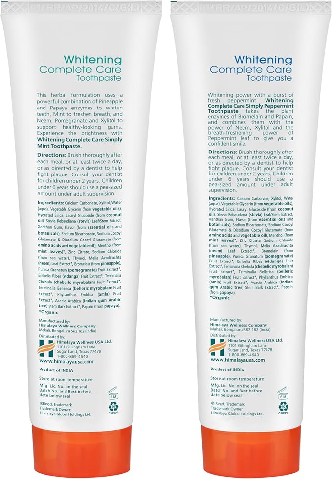 Himalaya Botanique Whitening Complete Care Toothpaste, Mint and Peppermint Flavors - Whitening Toothpaste Without Fluoride for Brighter Teeth & Fresh Breath - Vegan, Gluten Free, 5.29 oz (Pack of 2)-Ruum Studio Home