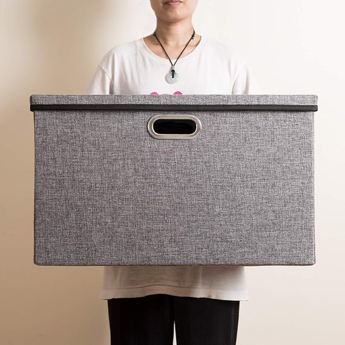 PRANDOM Extra Large Collapsible Storage Bins with Lids [3-Pack] Linen Fabric Foldable Storage Baskets Boxes Organizer Containers Cube with Cover for Bedroom Closet Office Nursery (22.8x15.75x13.8)-Ruum Studio Home