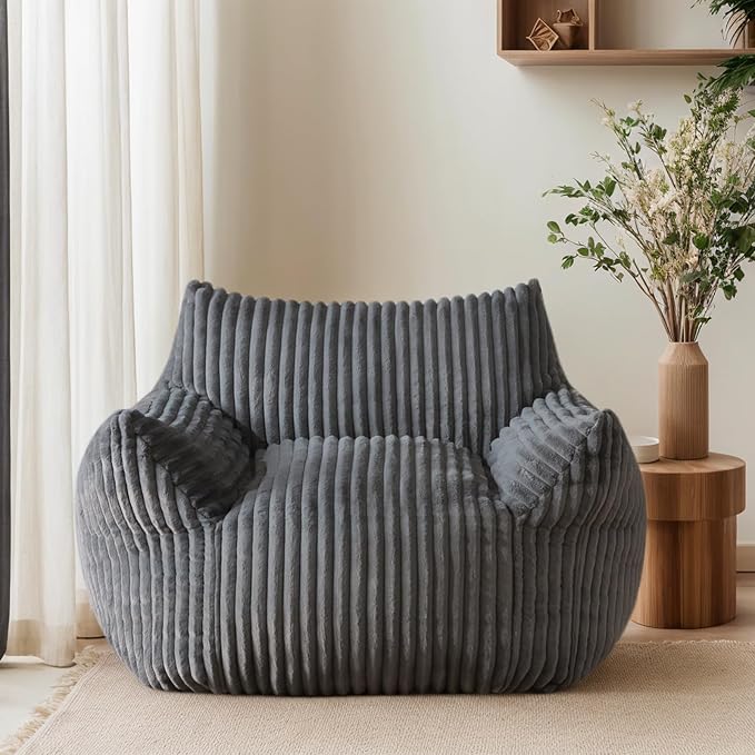 Oversized Bean Bag Chair for Adults, Giant Comfy Plush Boneless Bean Bag Couch with Filler for Kids - Reading Chair for Living Room, Bedroom & Dorm, Single Accent Chair Floor Lounger, Gray-Ruum Studio Home