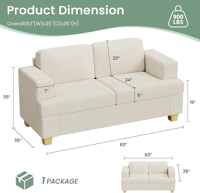 2 Pieces Corduroy Couch Set for Living Room, 5 Seats Cloud Sofa, Deep Seat Floor Couch for Bedroom, Futon Modern Sofa Bed, White Corduroy-Ruum Studio Home