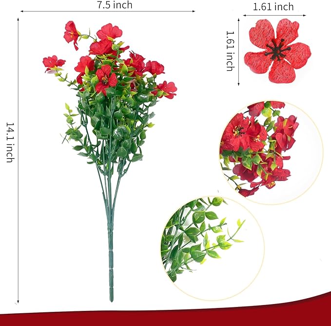 ‌20 Bundles Artificial Flowers for Outdoors‌ with 6 Faux Butterflies, UV Resistant ‌Fake Flowers‌ with Eucalyptus Leaves, ‌Artificial Plants Outdoor‌ for Patio Garden Porch Home Decor (Red)-Ruum Studio Home