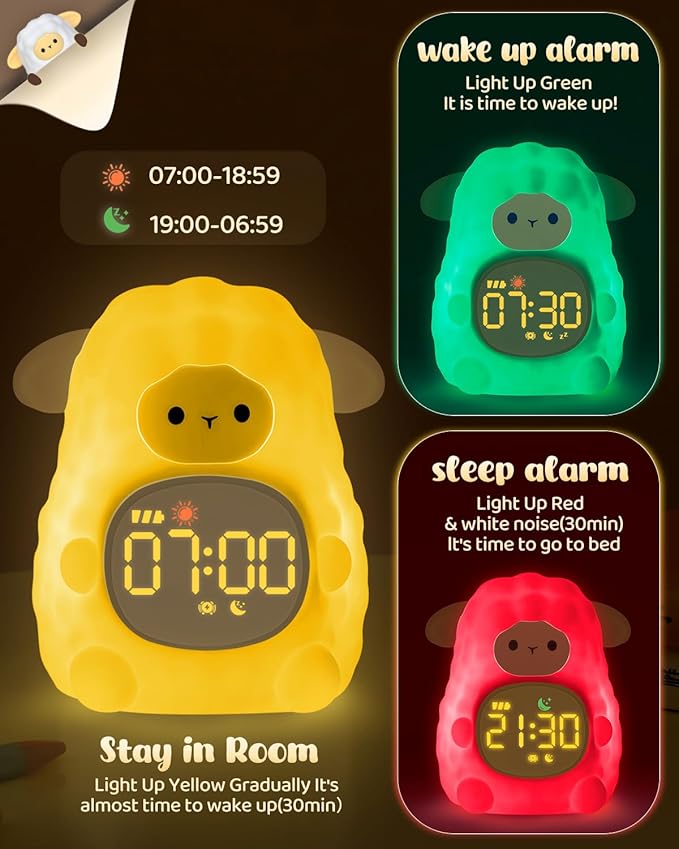 Sheep Alarm Clock for Kids with Night Light, Sleep Training Clock Time to Wake Clock, Rechargeable Silicone Light for Bedroom, Perfect Sleep Companion for Boys Girls-Ruum Studio Home