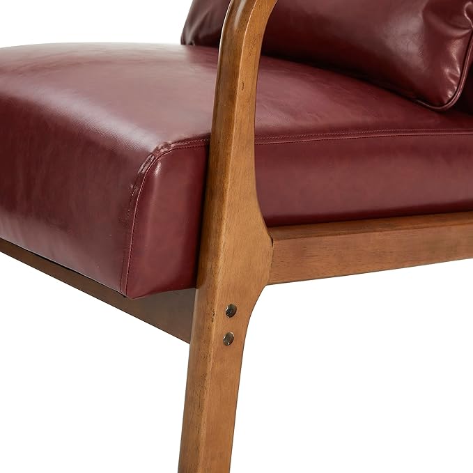 Glitzhome 30.75" H Mid Century Red Accent Armchair, Single Reading Armchair PU Leather Lounge Chair with Walnut Ruberwood Frame-Ruum Studio Home