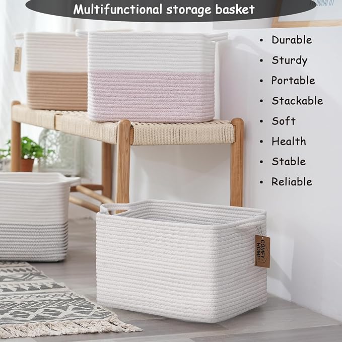 COMFY-HOMI 3PACK Cotton Rope Square Basket with Handles for Shelves|Dog Toy Basket Bin and Storage|Baby Basket for Gif|Shoe basket for Organizing|New13.5" x 11" x 9.5" for Living Room（All White）-Ruum Studio Home