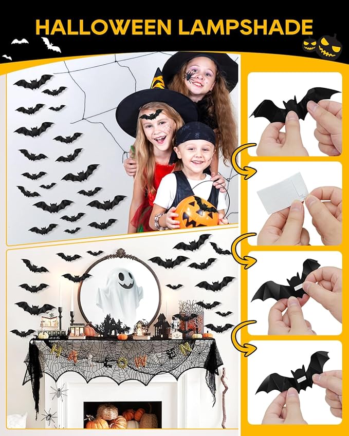 eZAKKA 5 Pack Halloween Decorations Indoor Halloween Spider Web Tablecloth Table Runners Fireplace Mantel Scarf Cobweb Lampshade Scary 3D Bats for Parties Gothic Spooky Home Decoration-Ruum Studio Home