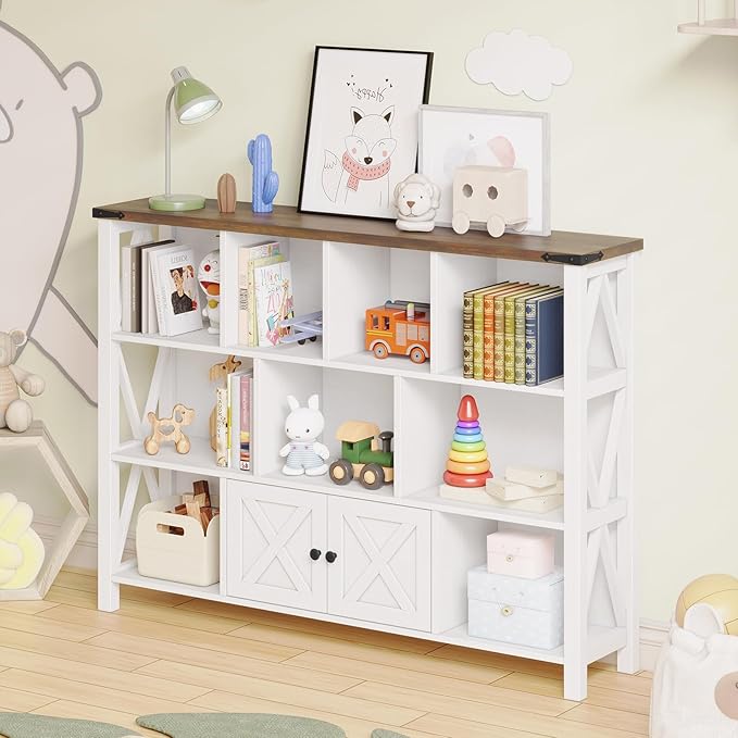 11 Cube Storage Organizer Bookshelf, Wooden Open Cube Shelf Bookcase, Farmhouse Display Book Shelf, 3 Tier Cube Bookshelves with Storage, Rustic White-Ruum Studio Home