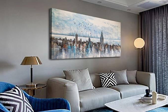 Arjun Cityscape Wall Art New York City Skyline Buildings Picture Modern Abstract Grey NYC Skyline Birds City View Painting Framed Artwork for Bedroom Living Room Home Office Decor Extra Large 58"x29"-Ruum Studio Home