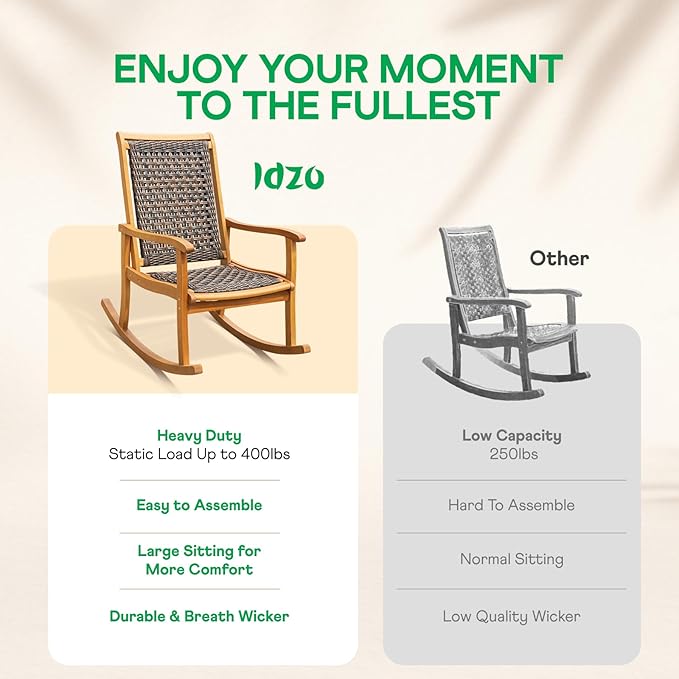 Idzo Wood Wicker Rocking Chair, 400 lbs Capacity, Durable Eucalyptus Wood, Natural Finish, Comfortable Curvy Design, Ideal for Deck, Patio Furniture, Teak Outdoor Furniture, Set of 2-Ruum Studio Home