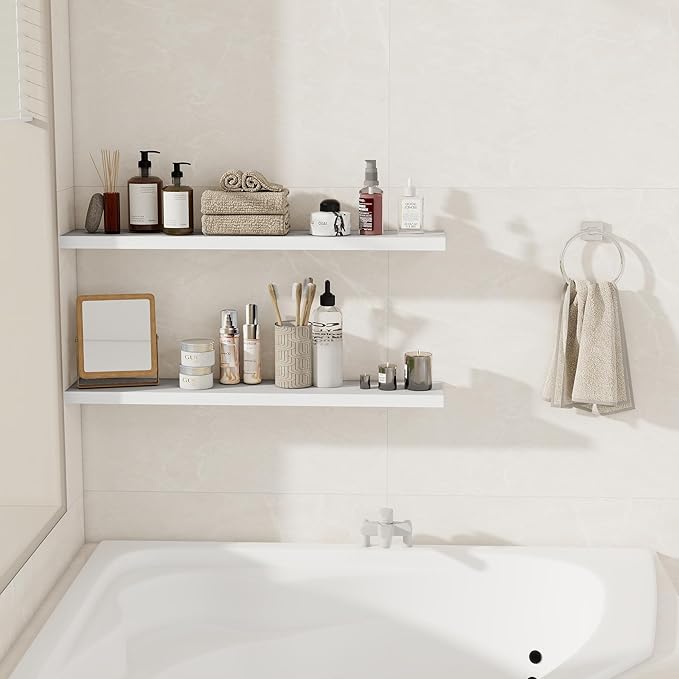 Fun Memories 36Inch Floating Shelves for Wall 2 Pack Wood Shelves for Kitchen, Bathroom, Bedroom Wall Mounted Rustic Wood Floating Shelf with Invisible Brackets for Books, Storage, Decor, White-Ruum Studio Home