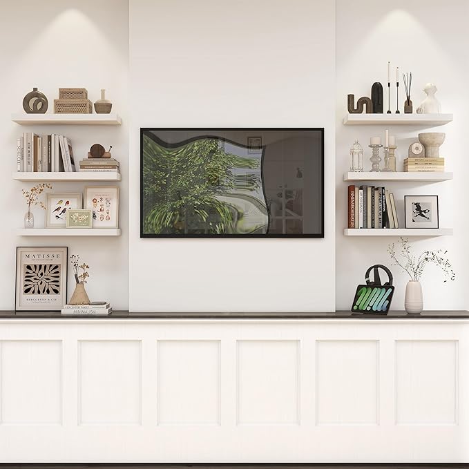 Heimlove 24 inch Floating Shelves for Wall,9.3 inch deep White Wood Shelves with Invisible Brackets,Wall Mounted Storage & Display Shelves for Bedroom,Living Room,Set of 2-Ruum Studio Home