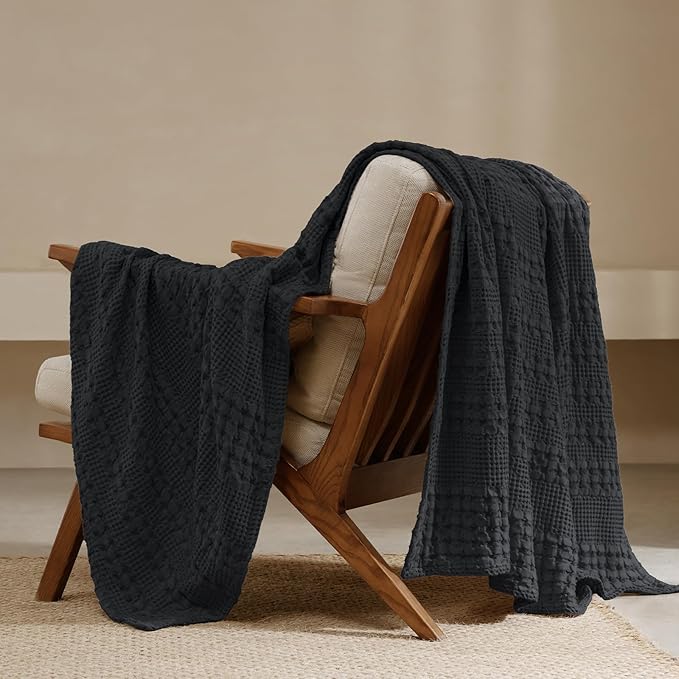 PHF 100% Cotton Waffle Weave Throw Blanket, Soft Lightweight Breathable Cozy Summer Throws for Couch Bed Sofa, Luxury Aesthetic Woven Blanket for Home Decor & Office, 50"x60", Black-Ruum Studio Home