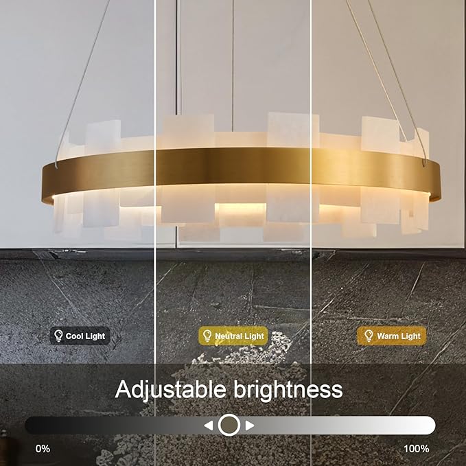 20" Natural Spanish Alabaster Round Chandelier, Adjustable Large Chandeliers for Living Room Over Table, Modern Luxury Alabaster Stone Chandelier for Drawing Room, Bedroom, Hallway, Foyer-Ruum Studio Home