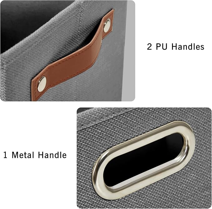 3-Pack Foldable Fabric Storage Bins with Durable PU & Metal Handles, Collapsible Storage Baskets for Shelves, Home Storage, Closet Organizers, Living Room(17"x11.8"x11.8", Grey)-Ruum Studio Home