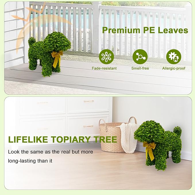 2 Pcs Artificial Bunny Shaped Topiary Trees, Artificial Green Boxwood Bunny Decorations with Gold Bow, Perfect for Indoor & Outdoor Front Porch, Easter& Garden Decor (Boxwood Dog Tree)-Ruum Studio Home