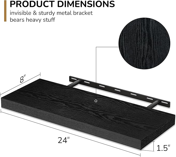 Fun Memories 24 Inch Floating Shelves - Deep Rustic Black Wooden Wall Shelves - Extra Deeper & Thicker Wall Mounted Storage Shelf for Bedroom, Kitchen, Farmhouse - 2 Pack, Rustic Black-Ruum Studio Home