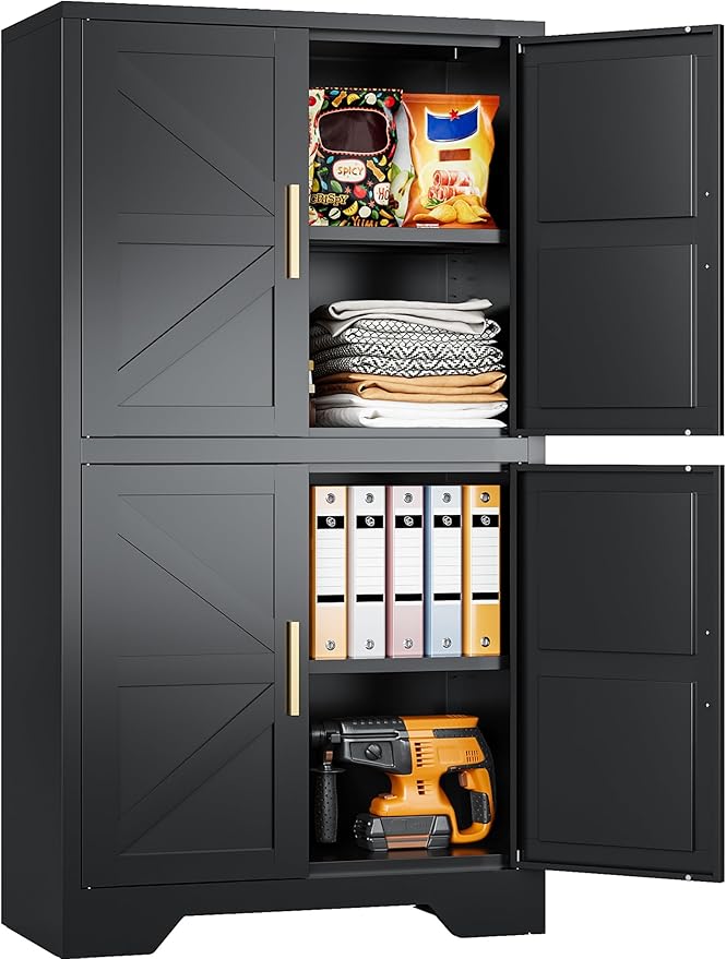 SISESOL Black Storage Cabinet with 4 Doors and 2 Adjustable Shelves,Farmhouse Food Pantry Cabinets,Small Bathroom Cabinet,4 Tier Metal Storage Cabinets for Home Kitchen,Dining/Living/Laundry/Room-Ruum Studio Home