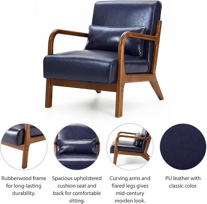 Glitzhome 2 Set Mid Century Navy Blue Accent Armchair, Single Reading Armchair PU Leather Lounge Chair with Walnut Ruberwood Frame-Ruum Studio Home