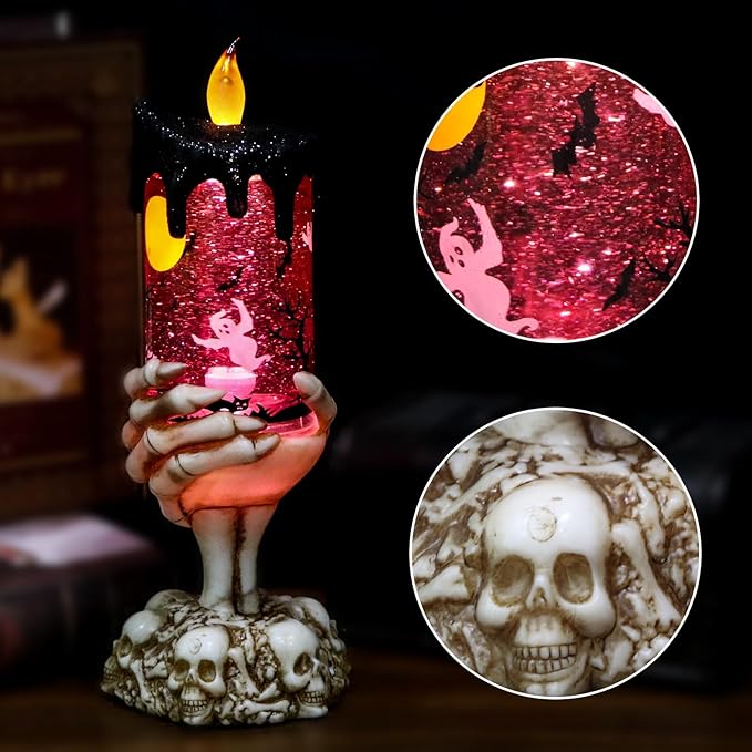 Eldnacele Halloween Snow Globe Candles Lighted Lamp USB Powered Battery Operated Spooky Spinning Water Glittering Tornado Flameless Candles Skeleton Hand Holder Halloween Centerpiece Decor(Ghost)-Ruum Studio Home