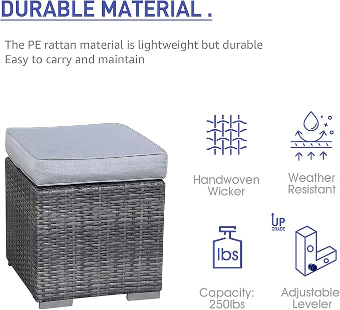 Patiorama 2 Pieces Assembled Outdoor Patio Ottoman, Indoor Outdoor All-Weather Grey Wicker Rattan Outdoor Footstool Footrest Seat with Light Grey Cushions, No Assembly Required-Ruum Studio Home