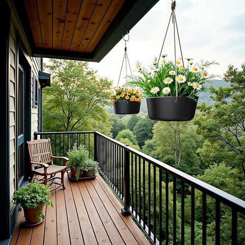 10.7 Inch Hanging Planter for Outdoor Indoor Plants，2 Pack Hanging Flower Pots with Drain Holes for Garden Home Decor Use (Black)-Ruum Studio Home