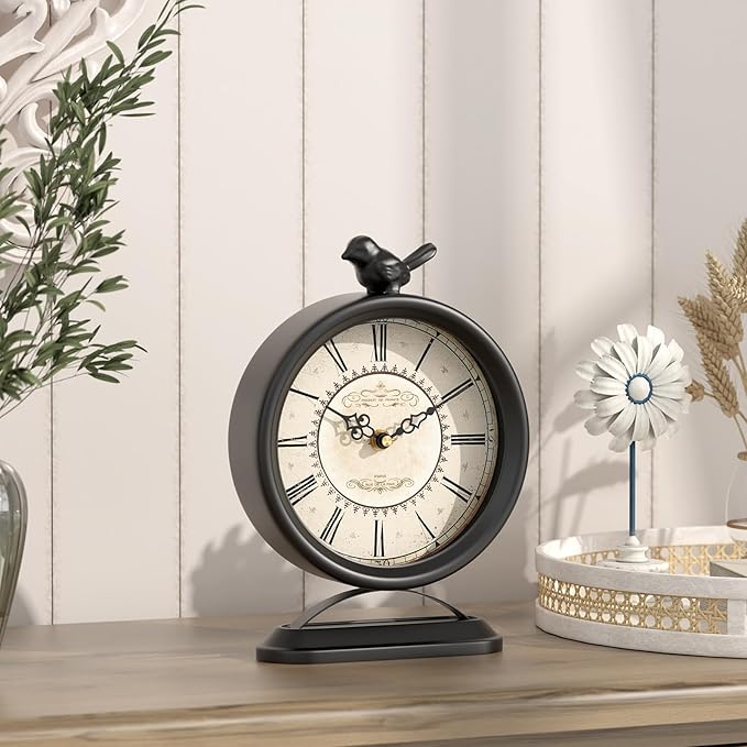 Vintage Table Clock with Bird, European Antique Style Black Mantel Clocks, Desk and Shelf Decor Clock, for Farmhouse, Bedside, Living Room, Bedroom, Gift (9" H x 6.5" W)-Ruum Studio Home