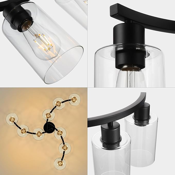 9-Light Black Modern Chandeliers for Dining Room, Adjustable Height Farmhouse Kitchen Island Lighting, Industrial Hanging Light Fixtures for Living Room Bedroom, Clear Glass Shade-Ruum Studio Home