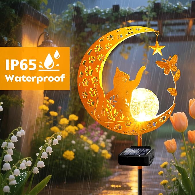 YJFWAL Garden Solar Cat Lights Pathway Stake Lights Glass Globe with Moon Cat Decor, Gifts for Mom Grandma Friends, Outdoor Decor Light Waterproof for Walkway, Yard, Patio or Garden (Warm White)-Ruum Studio Home