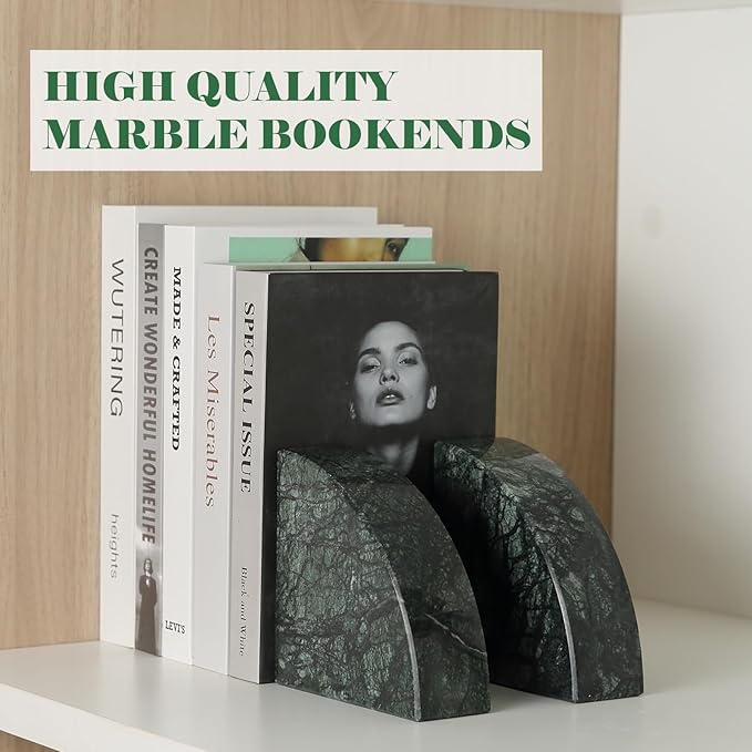Marble Bookend for Shelves, Non-Skid Bookends for Heavy Books, Heavy Duty Book Stopper for CDs, Luxury Book Shelf Holder, Quarter Circle Design Book Ends Decorative, Indian Green, Set of 2-Ruum Studio Home