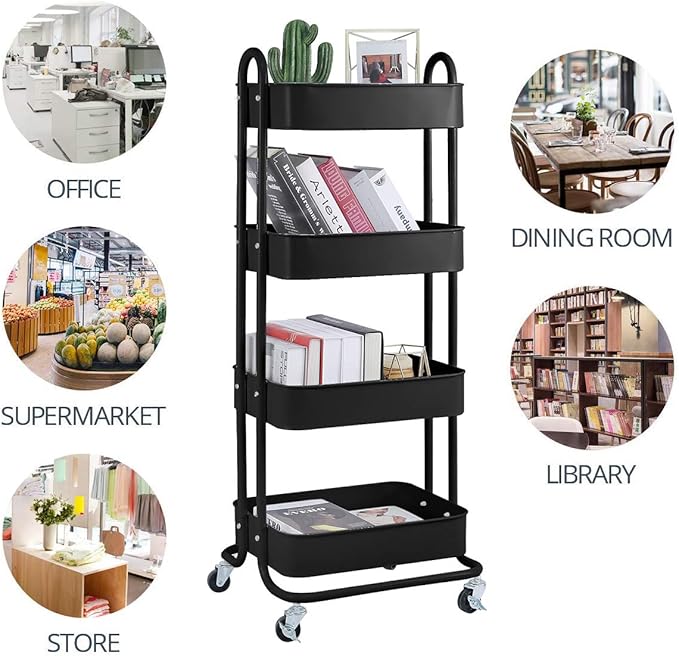 4-Tier Metal Mesh Utility Rolling Cart Storage Organizer Shelf Rack with Lockable Wheels for Living Room Kitchen Office, Black-Ruum Studio Home
