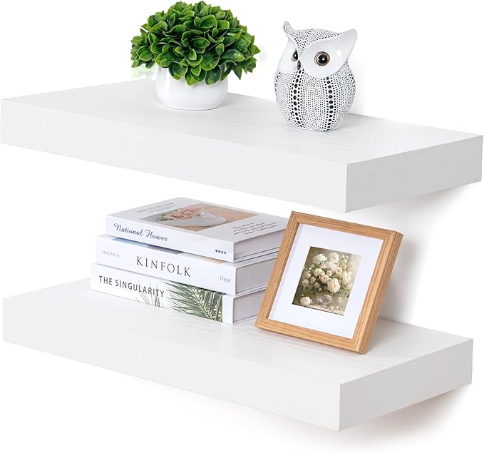 Deep Floating Shelves, 24''W x 12''D Floating Shelves White Set of 2, 12 Inch Deep Large Wood Shelves for Books Living Room Bathroom Laundry Room Bedroom Kitchen Home Office - White-Ruum Studio Home