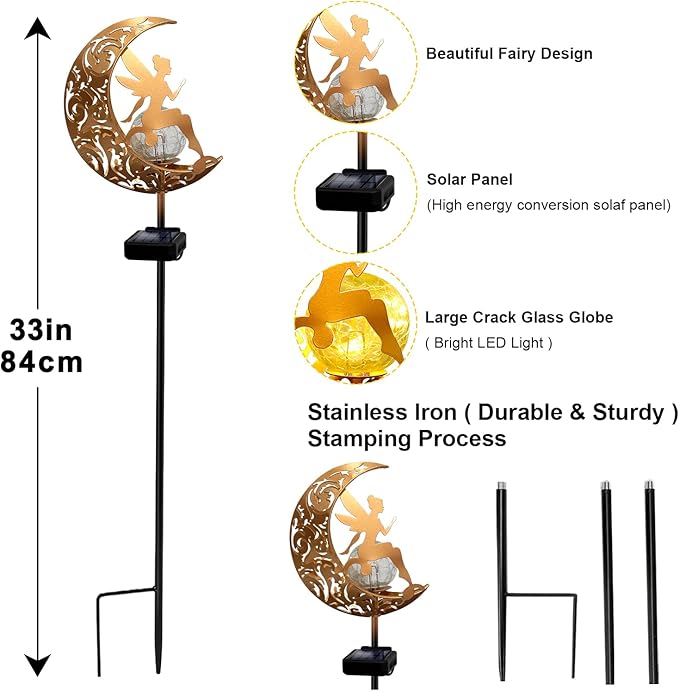 YJFWAL 2 Pack Garden Solar Lights Pathway Stake Lights Moon Fairy Glass Globe with Angel Decor, Gardening Birthday Gift for Mom Grandma Friends, Outdoor Decor Light Waterproof for Walkway, Yard, Patio-Ruum Studio Home