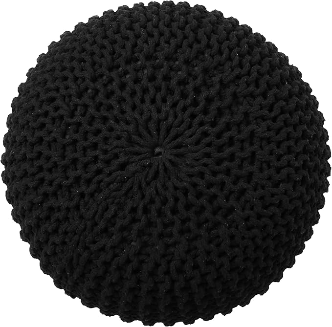 REDEARTH Round Pouf Foot Stool Ottoman - Hand Knitted Bean Bag - Cord Boho Pouffe - Cable Poof Footrest for Living Room - Nursery - Bedroom - Patio - 100% Cotton - Home Decor (19.5"x19.5"x14") - Black-Ruum Studio Home