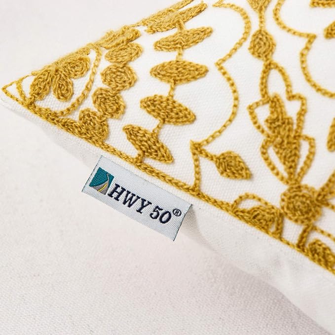 HWY 50 Yellow Decorative Throw Pillow Covers 18x18 Inch (1 Piece), Embroidered Cotton Farmhouse Cushion Cover Pillow Case for Sofa Couch Living Room Bed, Little Sunflower-Ruum Studio Home