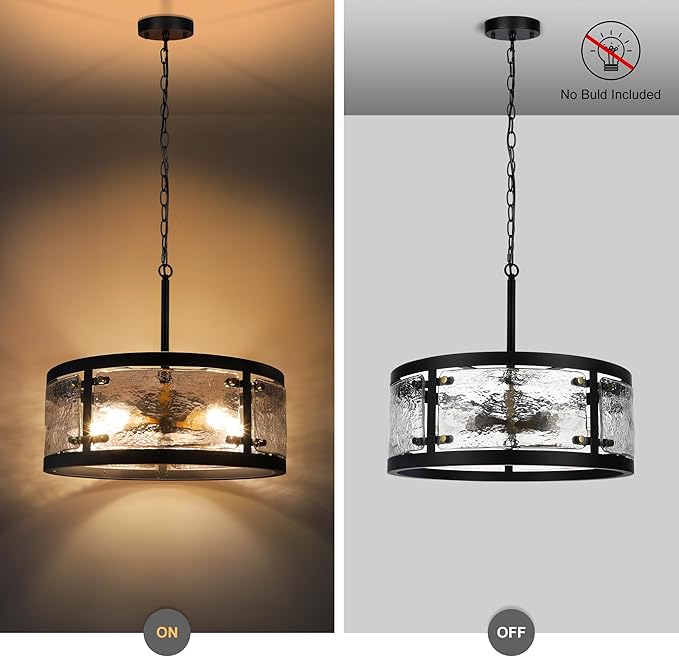 20" Farmhouse Round Black Chandelier, 5-Light Rustic Dining Room Light Fixtures Over Table, Industrial Glass Chandeliers for Dining Kitchen Living Room, Clear Waterglass Drum Shade-Ruum Studio Home