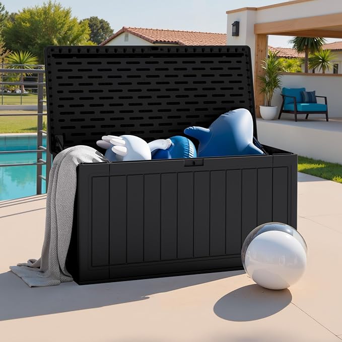 JUMMICO 160 Gallon Resin Outdoor Storage Deck Box with Divider, Waterproof Storage Box&Bench with Lockable Lid for Garden Tools, Pools Supplies (Black)-Ruum Studio Home