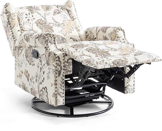 UIXE Swivel Rocker Manual Recliner Chair, Wingback Swivel Glider Fabric Nursery Reclining Sofa Chair, High Back Upholstered Arm Chair for Living Room Bedroom - Beige Plants-Ruum Studio Home