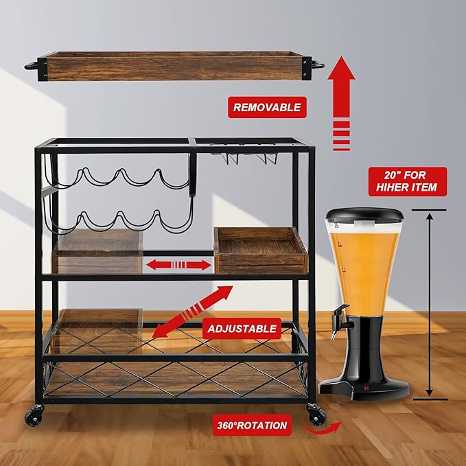 Bar Cart for The Home, 3 Tire Industrial Rolling Serving Cart on Lockable Wheels, Alcoholic Beverage Trolley with 2 Removable Trays, Wine Rack and Glass Holder for Indoor, Outdoor-Ruum Studio Home