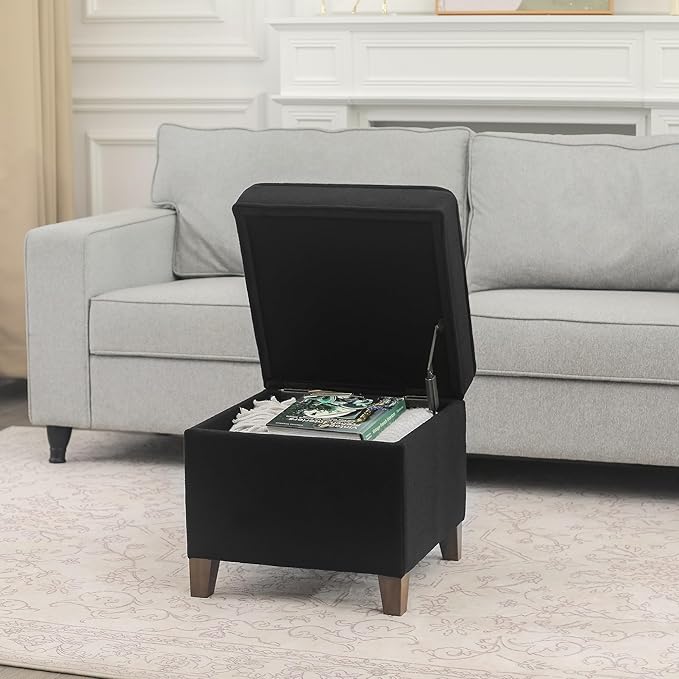 Adeco 17.5" Square Fabric Ottoman with Storage - Upholstered Cotton Linen Foot Rest - Flip Top Footstool with Sturdy Wood Legs, Small Cube Coffee Table Extra Seat for Living Room, Bedroom, Black-Ruum Studio Home
